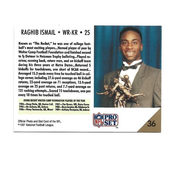1991 NFL Pro Set Raghib Ismail Notre Dame Football Card - Picture 2 of 2